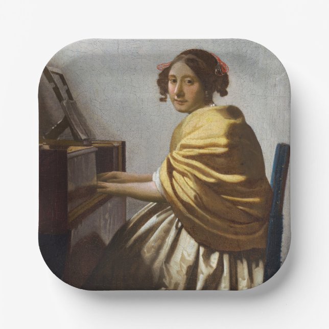 Johannes Vermeer - Junge Frau sitzt bei Virginal Pappteller (Vorderseite)