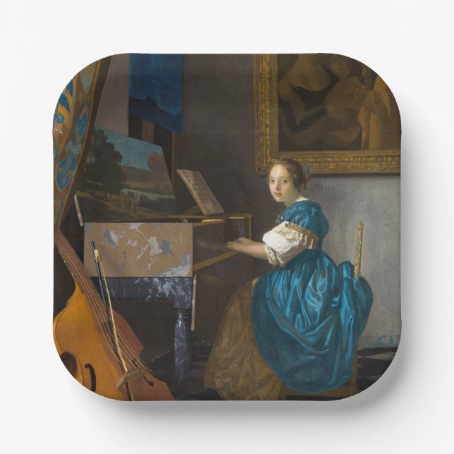 Johannes Vermeer - Lady sitzt bei einer Jungfrau Pappteller (Vorderseite)
