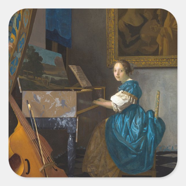 Johannes Vermeer - Lady sitzt bei einer Jungfrau Quadratischer Aufkleber (Vorderseite)