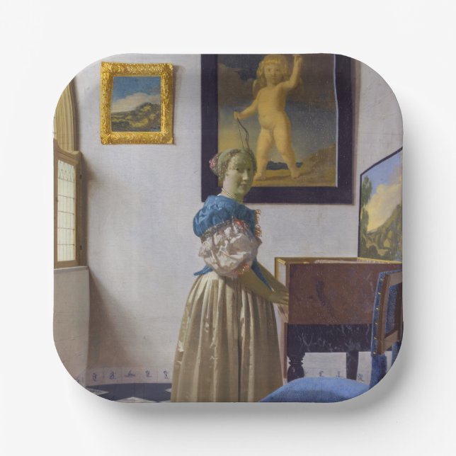 Johannes Vermeer - Lady Stehend bei einer Jungfrau Pappteller (Vorderseite)
