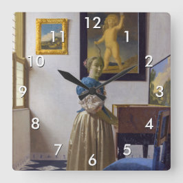 Johannes Vermeer - Lady Stehend bei einer Jungfrau Quadratische Wanduhr