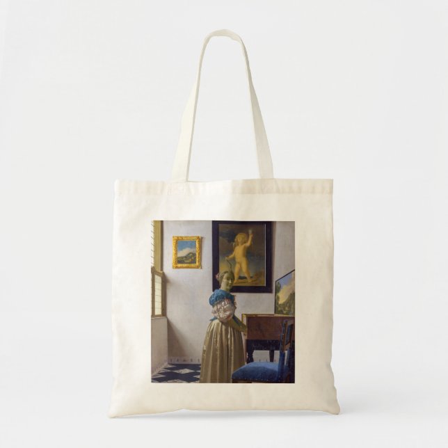 Johannes Vermeer - Lady Stehend bei einer Jungfrau Tragetasche (Vorne)