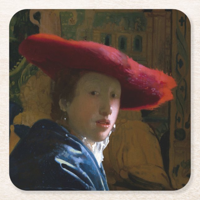 Johannes Vermeer - Mädchen mit einem Red Hat Rechteckiger Pappuntersetzer (Vorderseite)