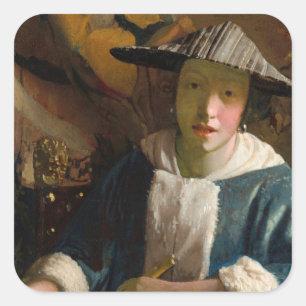 Johannes Vermeer - Mädchen mit Flute Quadratischer Aufkleber