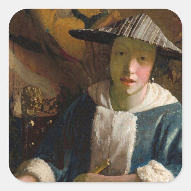 Johannes Vermeer - Mädchen mit Flute Quadratischer Aufkleber (Vorderseite)