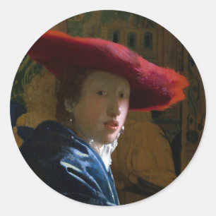 Johannes Vermeer - Mädchen mit rotem Hut Runder Aufkleber