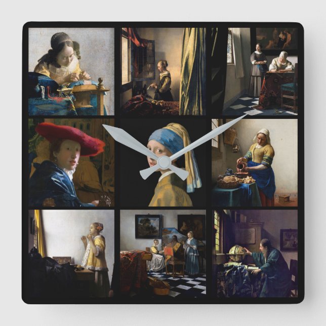Johannes Vermeer - Masterpiece Grid Quadratische Wanduhr (Vorderseite)