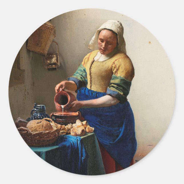 Johannes Vermeer. Milchmädchen. Vintage Kunst Runder Aufkleber (Vorderseite)
