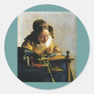 Johannes Vermeers The Lacemaker (ca. 1670) Runder Aufkleber