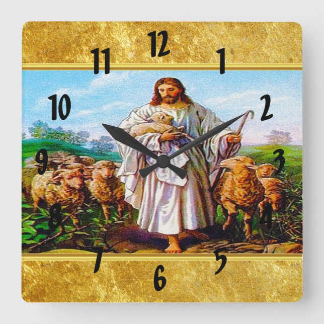 John 10:7-21 Ich bin der gute Hirte Quadratische Wanduhr (Vorderseite)
