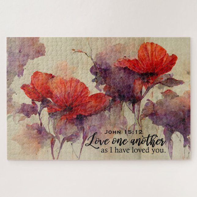 John 15:12 Liebe One Another Bible Verse Red Flora (Horizontal)