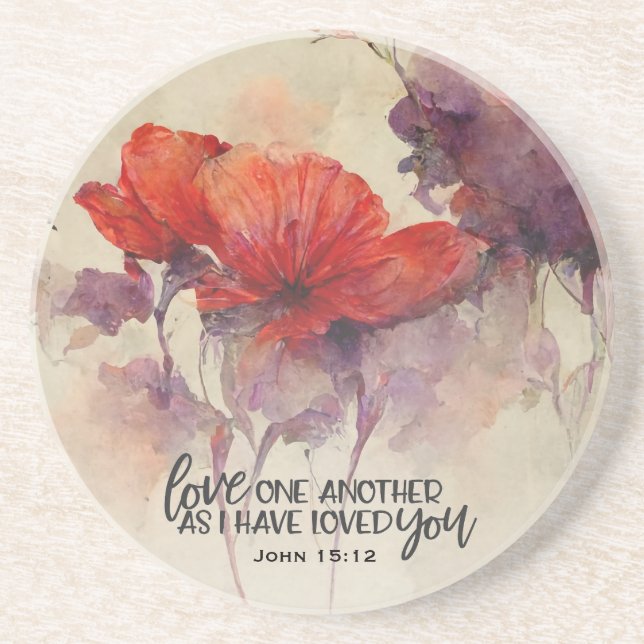 John 15:12 Liebe One Another Bible Verse Red Flora Getränkeuntersetzer (Vorne)