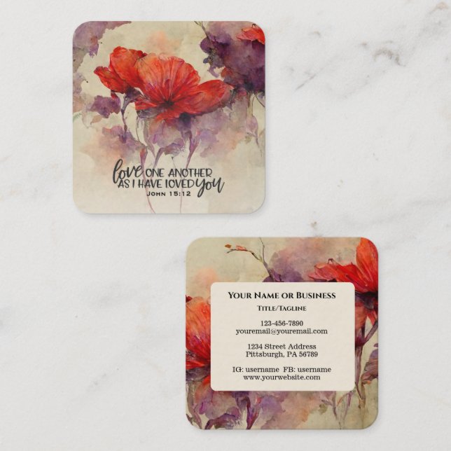 John 15:12 Liebe One Another Bible Verse Red Flora Quadratische Visitenkarte (Vorne/Hinten)
