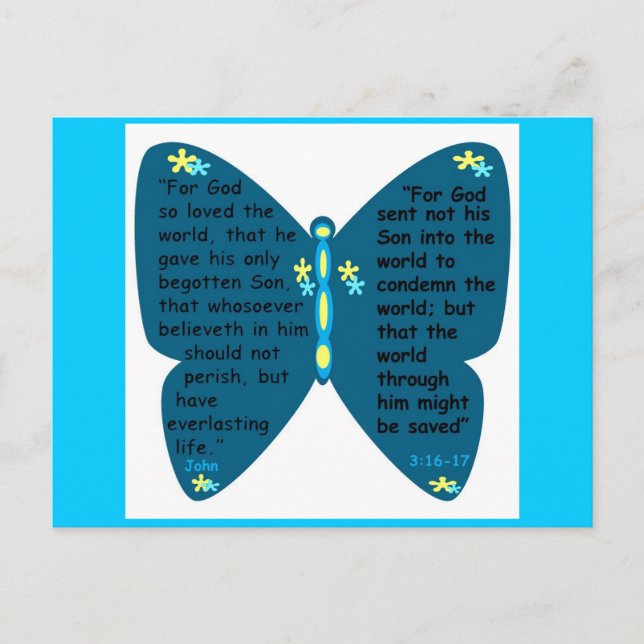 John 3: 16-17 blaue Schmetterlingskarte Postkarte (Vorderseite)