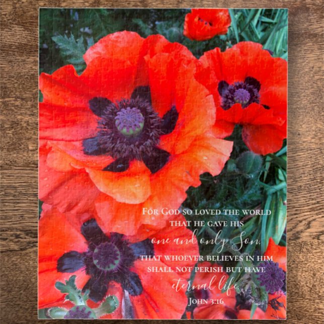 John 3:16 Benutzerdefinierter Text | Original-Foto (Unique puzzle from my original photo vibrant red poppy flowers. Custom script John 3:16 Bible verse )