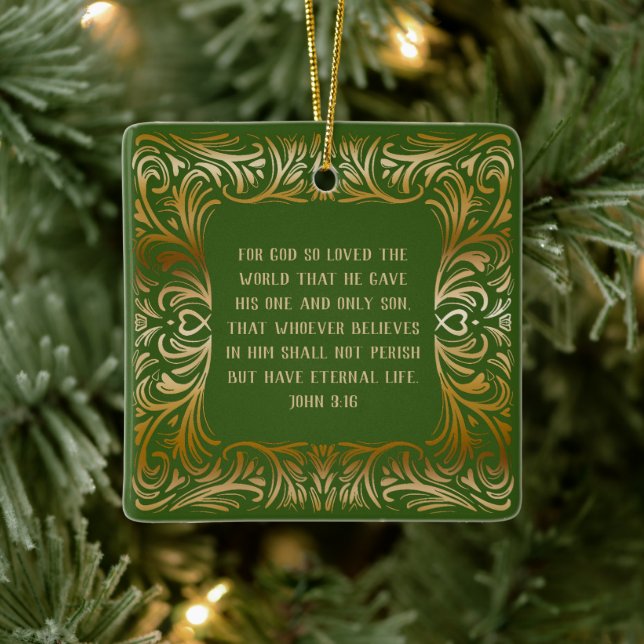 John 3:16 Bible Verse Green Custom Christmas Keramikornament (Baum)