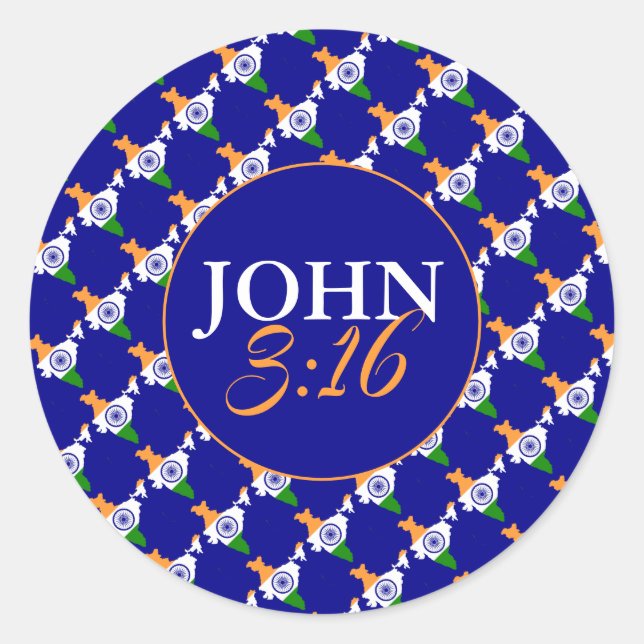 JOHN 3:16 Christliche Schrift INDIA FLAG Blue Runder Aufkleber (Vorderseite)