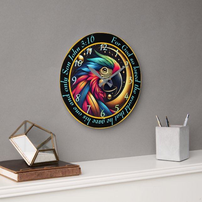 John 3:16 Christlicher feiner tropischer Papagei Große Wanduhr (Büro)