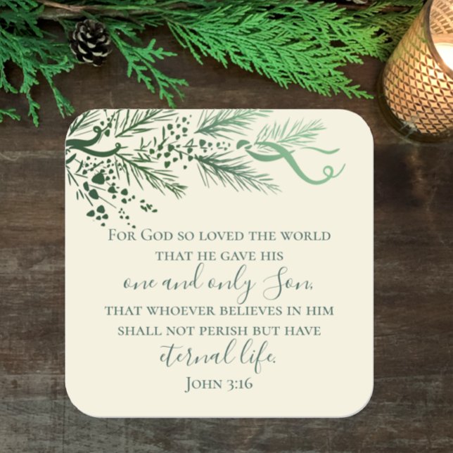 John 3:16 Custom Bible Einzigartiges Grün Weihnach Quadratischer Aufkleber (John 3:16 elegant modern pine Christmas envelope sticker.  Unique Christian faith bible verse art.
)