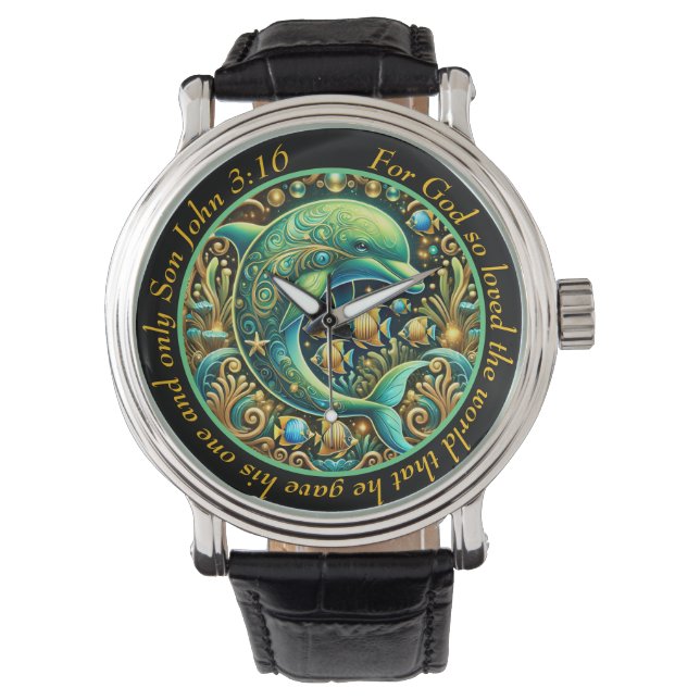 John 3:16 Elegant Dolphin Timepiece Divine Grace Armbanduhr (Vorderseite)