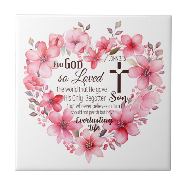 John 3:16 Floral Heart Bible Verse Fliese (Vorderseite)