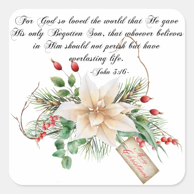 John 3:16 - Frohe Weihnachtsschrift Bloral Quadratischer Aufkleber (Vorderseite)