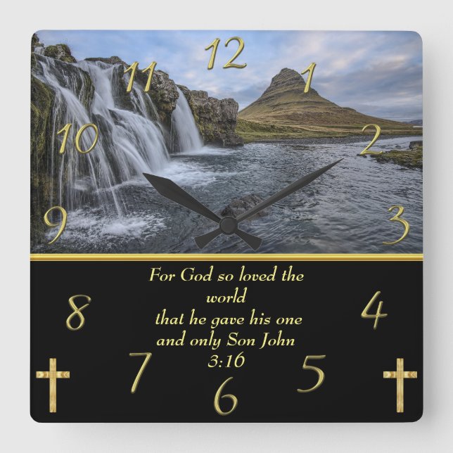 John 3:16 Gott so geliebt Quadratische Wanduhr (Vorderseite)