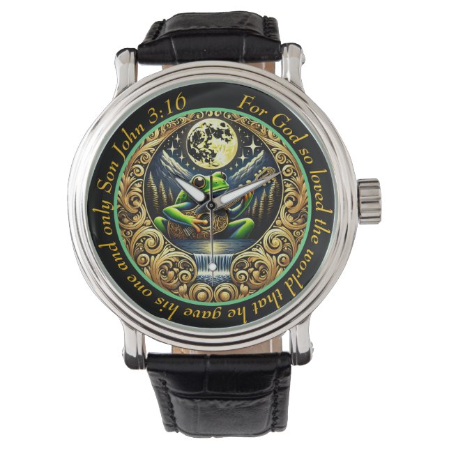 John 3:16 Guitar-Strumming Frog Glows Under Moon  Armbanduhr (Vorderseite)