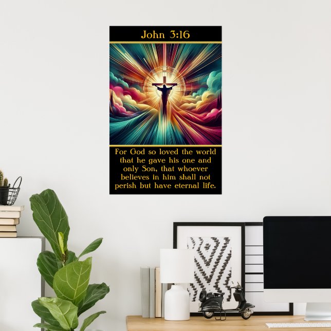 John 3:16 Jesus in strahlendem Licht und Wolken Poster (Heimbüro)