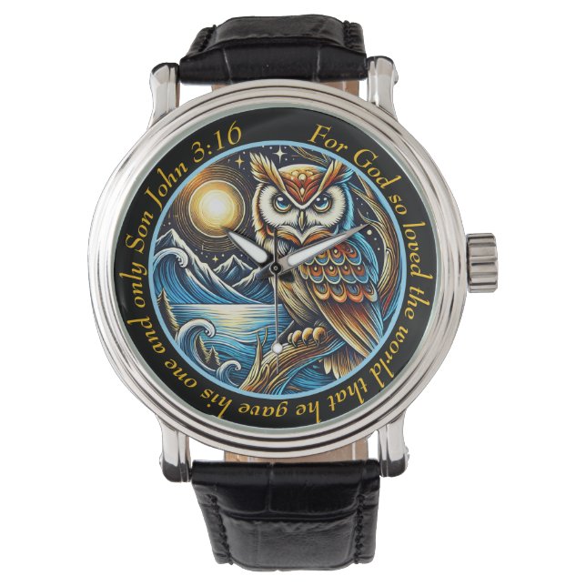 John 3:16 Majestic Owl Timepiece Nature Faith Armbanduhr (Vorderseite)