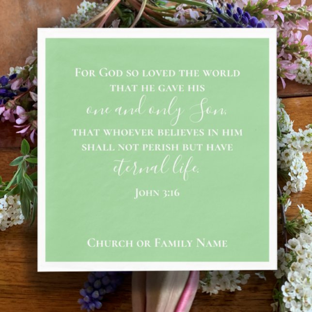 John 3:16 | Minze grüne Christliche Kirchenfeier O Serviette (John 3:16 Christian scripture Easter napkin. Modern elegant custom script personalized pastel green)