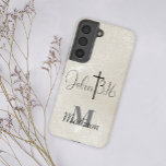 John 3:16 Pearl Background Monogram Add Name Samsung Galaxy Hülle<br><div class="desc">Eleganter und praktischer Samsung Gehäuse mit weichem Perlhintergrund und John 3:16 mit einem Kreuz bedruckt und mit Ihrem Namen und Initial dekoriert.</div>