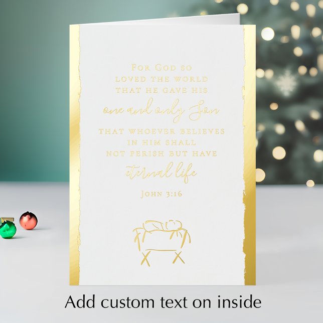 John 3:16 Personalized Elegant Christmas Gold (Personalize the inside of this Christmas card template. Gold foil nativity John 3:16 scripture card.)