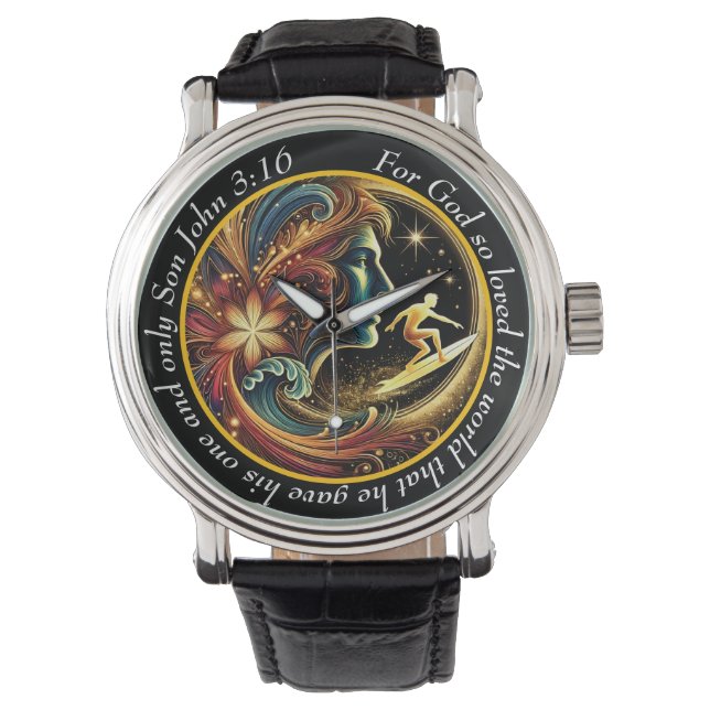 John 3:16 Surfer Timepiece Ocean Journey Faith Armbanduhr (Vorderseite)