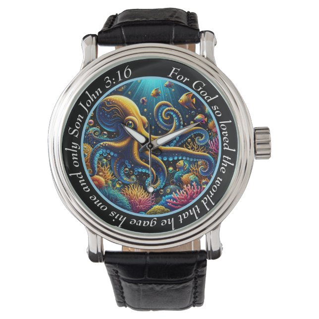 John 3:16 Vibrant Octopus Timepiece Ocean Faith Armbanduhr (Vorderseite)