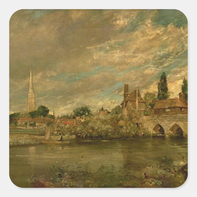 John Constable | Die Brücke von Harnham und Salisb Quadratischer Aufkleber (Vorderseite)