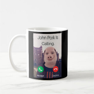 John Pork ruft Anrufbeantworter an Kaffeetasse