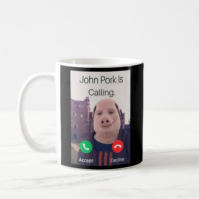 John Pork ruft Anrufbeantworter an Kaffeetasse (Links)