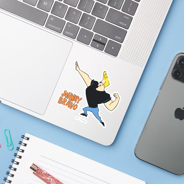 Johnny Bravo Flexing Aufkleber (Laptop mit iPhone)