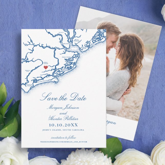 Johns Island SC Map Elegant Navy Blue Wedding Save The Date (Johns Island SC Map Wedding Save the Date with Photo in Elegant Navy Blue by Coastal Map Designs)