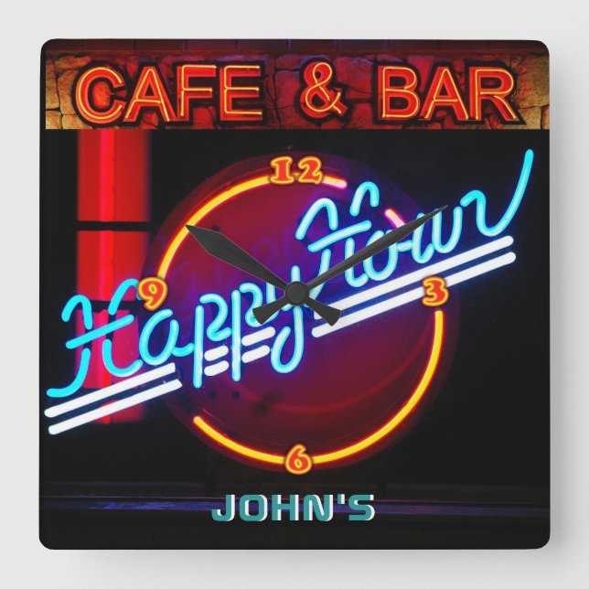JOHN'S - Name Neon Sign Bar Mancave Den Clock Fun Quadratische Wanduhr (Vorderseite)