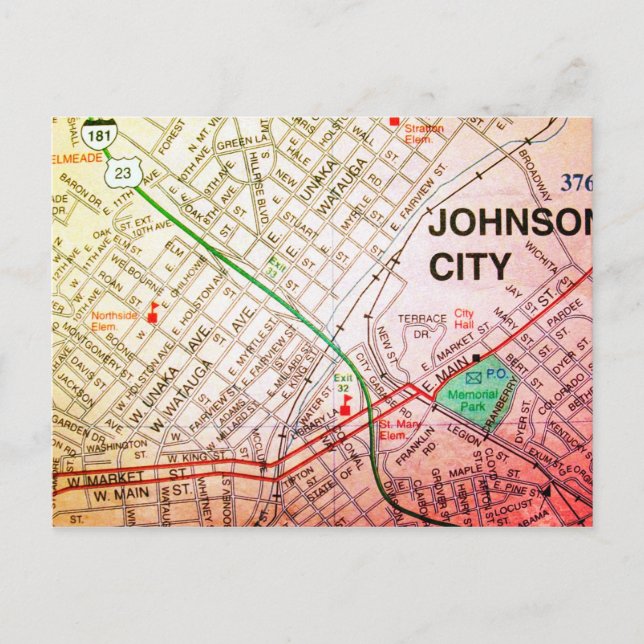 Johnson City, TN Vintag Map Postkarte (Vorderseite)