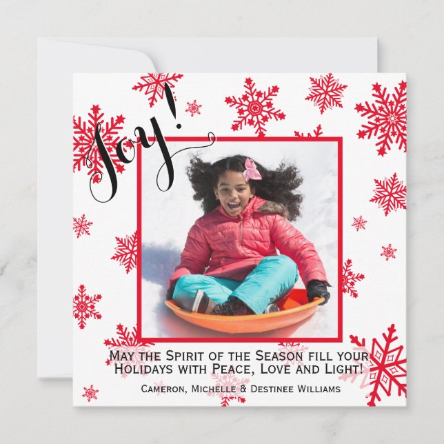 Joie ! Carte photo de vacances Red & White Snowfla (Devant)