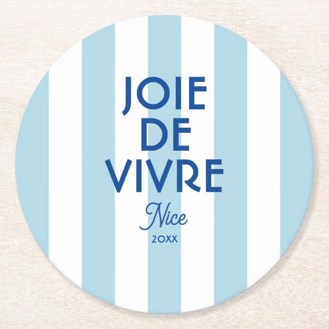Joie De Vivre Nice Blue Cabana Stripe Französisch Runder Pappuntersetzer (Vorderseite)