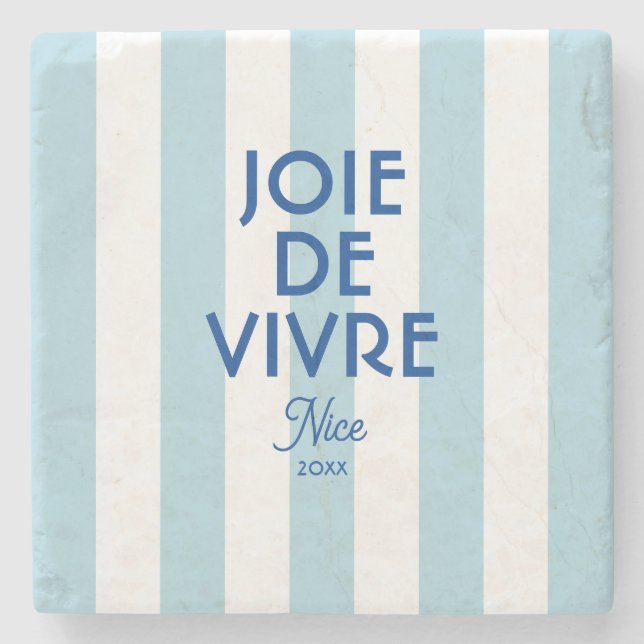 Joie De Vivre Nice Blue Cabana Stripe Französisch Steinuntersetzer (Vorderseite)