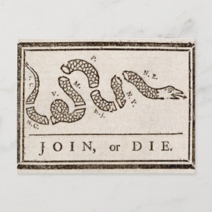 Join oder Die Benjamin Franklin Politischer Cartoo Postkarte