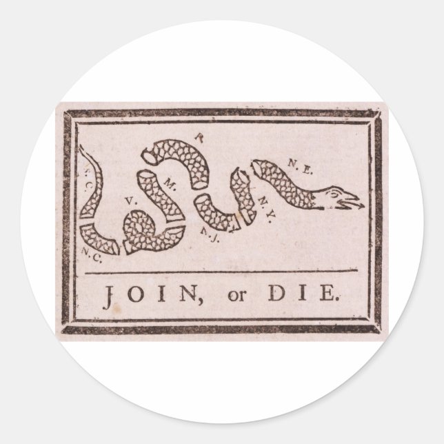 Join oder Die Benjamin Franklin Politischer Cartoo Runder Aufkleber (Vorderseite)