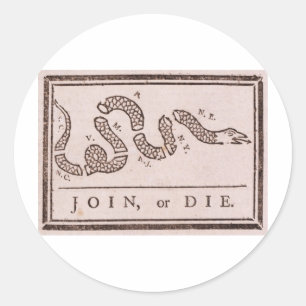Join oder Die Benjamin Franklin Politischer Cartoo Runder Aufkleber