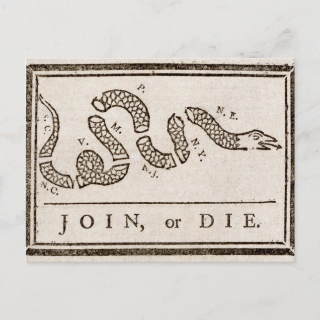 Join oder Die Rattlesnake: Cartoon Benjamin Frankl Postkarte (Vorderseite)