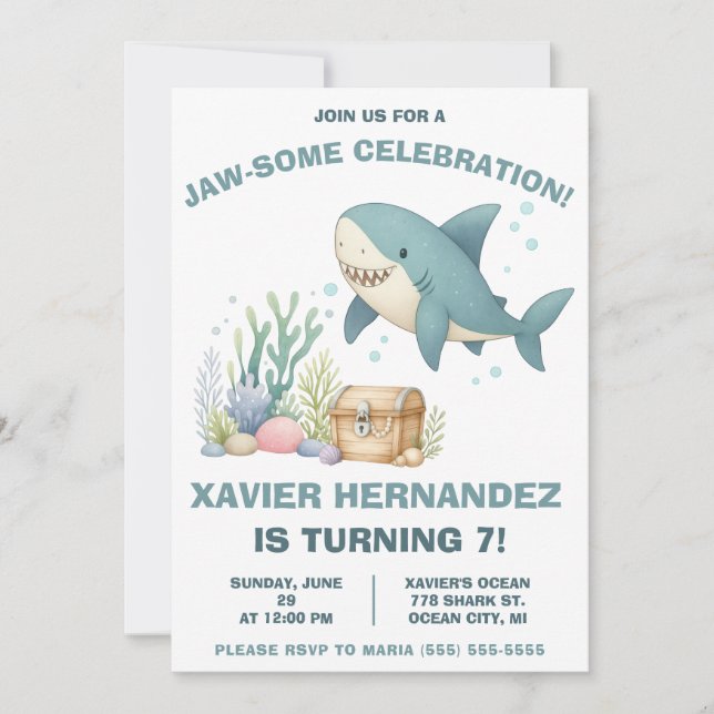 Join us for a Jaw-Some Celebration! Shark Birthday Einladung (Vorderseite)